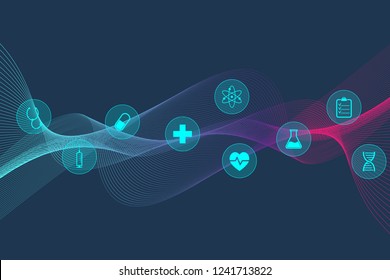 Big Genomic Data Visualization. DNA helix, DNA strand, DNA Test. Molecule or atom, neurons. Abstract structure for Science or medical background, banner. Wave flow.