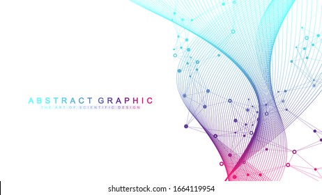 Big Genomic Data Visualization. DNA helix, DNA strand, DNA Test. CRISPR CAS9 - Genetic engineering. Molecule or atom, neurons. Abstract structure for Science or medical background, banner. Wave flow