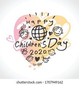 Gran corazón gentil para el día de los niños. Logo brillante. Jóvenes sonrientes plantilla para el Día Internacional del Niño 2020. Inscripción de vectores y globo y niños graciosos.
