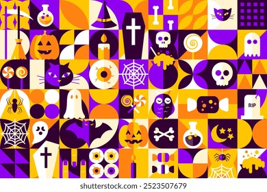 Big Geometrical Happy Halloween Banner. Vector Illustration of Flat Style. Trick or Treat. Scary Party Concept. Horror Holiday.