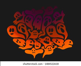 Big ghosts collection with gradient funny spirits purple and orange on black background. Funny collection for Halloween stickers or party. Nice composition with no space.