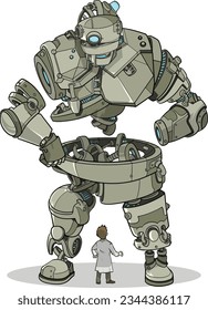 Big Giant robot standing in front of small human scientist