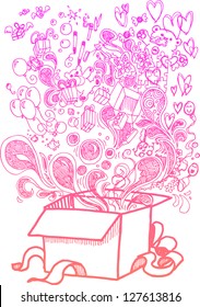 Big gift box full of toys, sketchy doodles