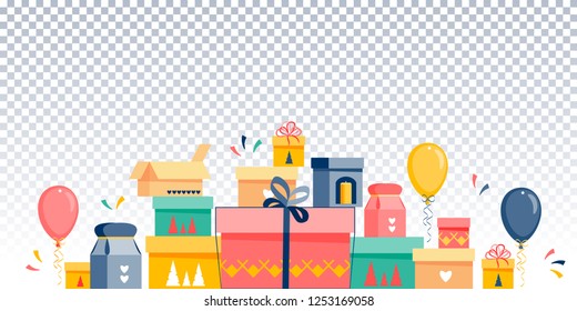 Big gift box set with balloons and confit on transparent background. Great for winter holidays, birthday, wedding, wedding cards, children's party, party, Ramadan Kareem, Eid, Al Adha. Flat style