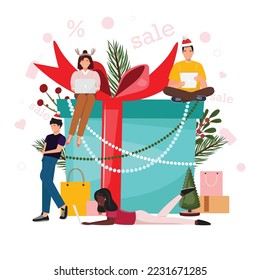Big gift box with small people around it buying gifts online for Christmas and winter holidays. Illustration with people placing their orders online with big discounts. 