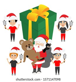 Big Gift Box, Teddy and Santa With Children. Vector Illustration
