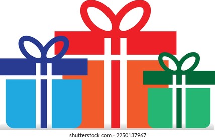 Große Geschenkschachteln in festem Umhüllungspapier mit Band. Ein Haufen verschiedener Geschenke für den Urlaub. Viele Geschenkbox mit Tags. Flache Vektorgrafik einzeln auf Weiß
