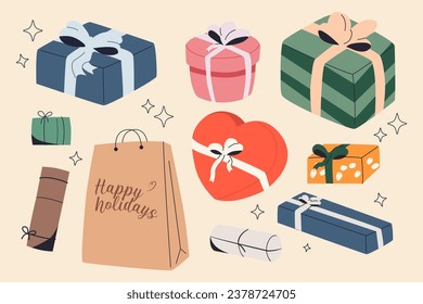big gift boxes set with bow. Presents, surprises wrapped in festive paper and ribbon, bow decor. Holiday flowers, packages  different shape. Flat  illustration isolated  for poster, AD, stickers,decor