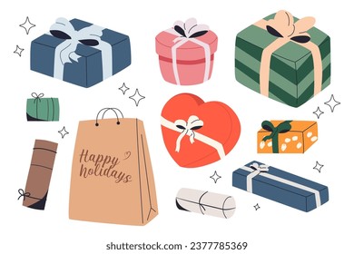 big gift boxes set. Presents, surprises wrapped in festive paper and ribbon, bow decor. Holiday flowers, packages  different shape. Flat  illustration isolated  for poster, AD, stickers, decor 