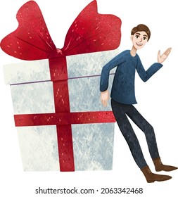 a big gift and a guy standing next to it