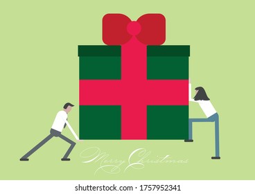BIg gift and two small people with text Merry Christmas