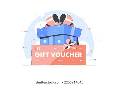 Big gift voucher coupon with present box and confetti. Store promotion poster - flat isolated vector illustration. Colorful Gift card discount coupon 