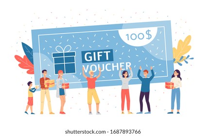 Big gift voucher and crowd of happy cartoon people celebrating 100 dollars coupon with present boxes and confetti. Store promotion poster - flat isolated vector illustration.
