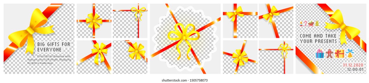 Big gifts for everyone, come and take your presents. Gift wrap with red ribbon, tape and golden bow. Packing box with present for celebration, set of ribbons for party or Christmas, birthday, vector