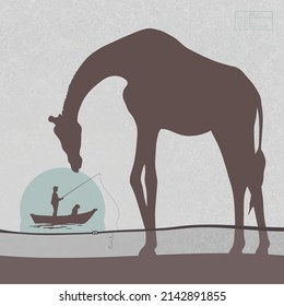 Big giraffe. Fisherman and animal silhouette. Man in boat at full moon