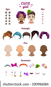 Big girl stylish kit, vector girl characters avatars constructor