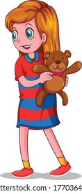 Big Girl Taking Bear Cartoon vector art and illustration