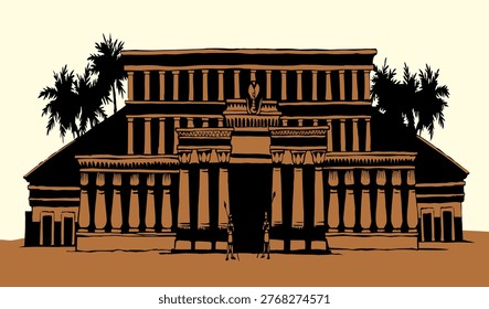 Big Giza town Edfu stone god lion sign alley scene built great Luxor Amun tomb home ruin place desert park oasis scenic view white sky text space. Line hand drawn retro city biblic art sketch style