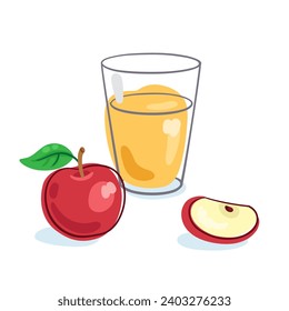 Un gran vaso de zumo de manzana y una manzana fresca. Imagen en línea. Borde oscuro con puntos de color. Aislado sobre fondo blanco. Ilustración plana vectorial.