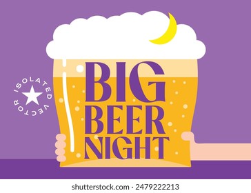 Big glass of beer in hand with Big beer night text flyer design