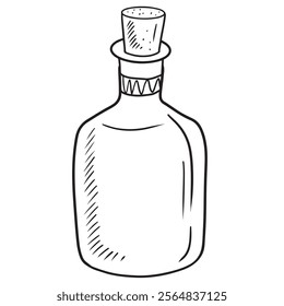 Big glass bottle with cork for hand made wine, juice or apple cider in black isolated on white background. Hand drawn vector sketch illustration in doodle vintage engraved line art style