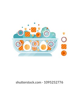 Big glass bowl of delicious salad from boiled eggs, salmon pieces, carrots and rings of onion. Abstract flat vector icon with texture