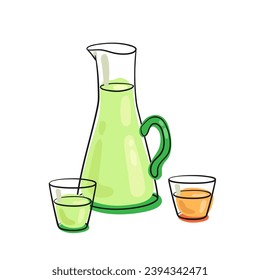 Gran despensa de cristal y dos pequeños vasos con zumo. Mano pintada en línea. contorno negro con manchas de color. Aislado sobre fondo blanco. Ilustración plana vectorial.