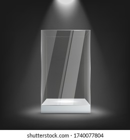 Big Glass Empty Display Case Standing On White Pedestal On Spotted Wall Background, Realistic Vector Illustration. Exhibition Or Museum Showcase Mockup Template.