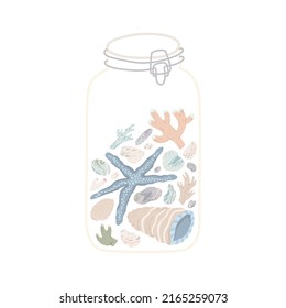 Big glass jar with blue sea star, shells, pebble and corals - pastel flat hand drawn illustrations. Vector isolated on white background.