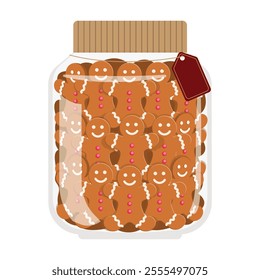 Big glass jar of gingerbread man cookies with empty label. Christmas and new year gift concept.