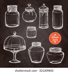 Big glass jar set hand drawn on chalkboard isolated vector illustration