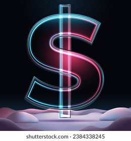 Big glass realisti dollar symbol. 3D sign of american money with neon light and sparkles insight. Element for poster, web, banner or any adertisign