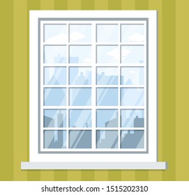 Big glass window with skyscraper view, office interior with look at city line