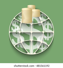 Big globe with coins and dollar symbols