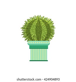 Big Globe Shape Cactus In A Pot Flat Cartoon Childish Style  Vector Icon Isolated On White Background