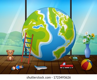 A big globe with toys in the room