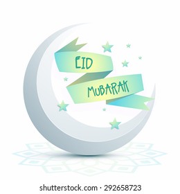 Big glossy 3D moon with Eid Mubarak ribbon on floral design decorated shiny background for Muslim community festival celebration.