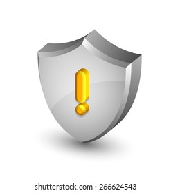 Big and glossy security alert shield with yellow exclamation mark on white background