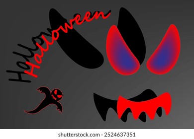 Big glowing eyes and mouth in the dark, ghost, Cartoon colored monster with shadows. The Halloween holiday. Postcard, flyer, banner, sticker. Shadow Vector. Vector illustration