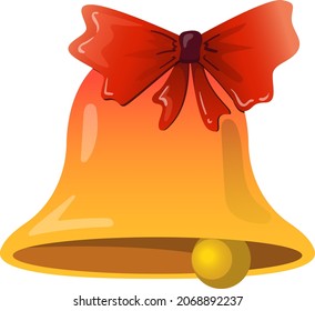 Big gold bell with a beautiful red bow. Vector colorful illustration isolated on white background.