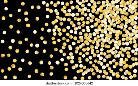 Big Gold Confetti. Festive Texture with Sparkles on Black Background. Dark Luxury Pattern for Christmas and New Year Decoration, Birthday Invitation, Poster or Greeting Card. Vector Gold Confetti.