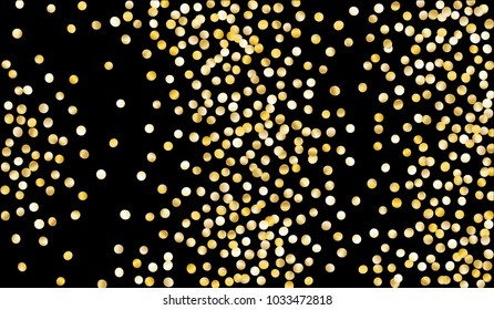 Big Gold Confetti. Festive Texture with Tinsels on Black Background. Dark Luxury Pattern for Christmas and New Year Decoration, Birthday Invitation, Poster or Greeting Card. Vector Gold Confetti.