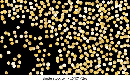 Big Gold Confetti. Festive Texture with Tinsels on Black Background. Dark Luxury Pattern for Christmas and New Year Decoration, Birthday Invitation, Poster or Greeting Card. Vector Gold Confetti.