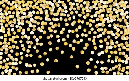 Big Gold Confetti. Festive Texture with Sparkles on Black Background. Dark Luxury Pattern for Christmas and New Year Decoration, Birthday Invitation, Poster or Greeting Card. Vector Gold Confetti.