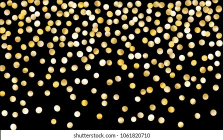 Big Gold Confetti. Festive Texture with Tinsels on Black Background. Dark Luxury Pattern for Christmas and New Year Decoration, Birthday Invitation, Poster or Greeting Card. Vector Gold Confetti.