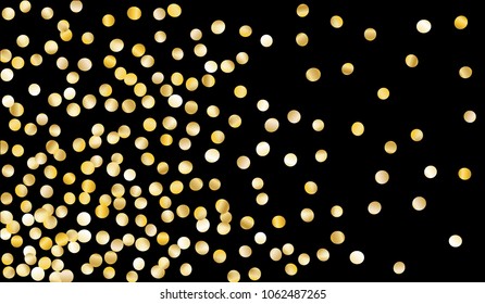 Big Gold Confetti. Festive Texture with Sparkles on Black Background. Dark Luxury Pattern for Christmas and New Year Decoration, Birthday Invitation, Poster or Greeting Card. Vector Gold Confetti.