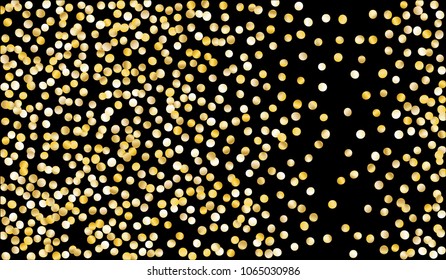 Big Gold Confetti. Festive Texture with Tinsels on Black Background. Dark Luxury Pattern for Christmas and New Year Decoration, Birthday Invitation, Poster or Greeting Card. Vector Gold Confetti.