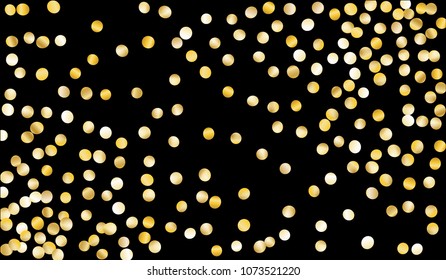 Big Gold Confetti. Festive Texture with Sparkles on Black Background. Dark Luxury Pattern for Christmas and New Year Decoration, Birthday Invitation, Poster or Greeting Card. Vector Gold Confetti.