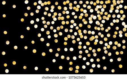 Big Gold Confetti. Festive Texture with Tinsels on Black Background. Dark Luxury Pattern for Christmas and New Year Decoration, Birthday Invitation, Poster or Greeting Card. Vector Gold Confetti.
