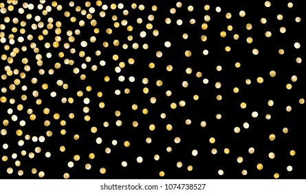 Big Gold Confetti. Festive Texture with Sparkles on Black Background. Dark Luxury Pattern for Christmas and New Year Decoration, Birthday Invitation, Poster or Greeting Card. Vector Gold Confetti.